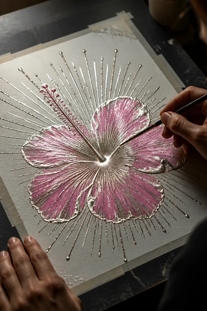 Hibiscus with gold metallic center and sharp sunburst lines from the stem base