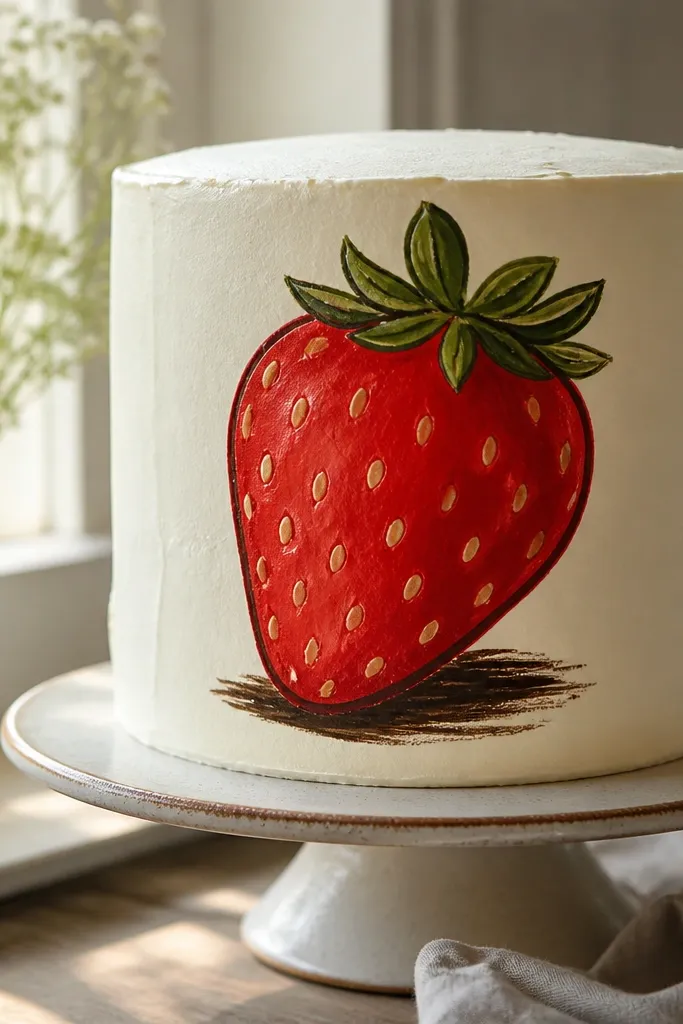 One big strawberry drawing with tiny seed dots and a small green leaf.