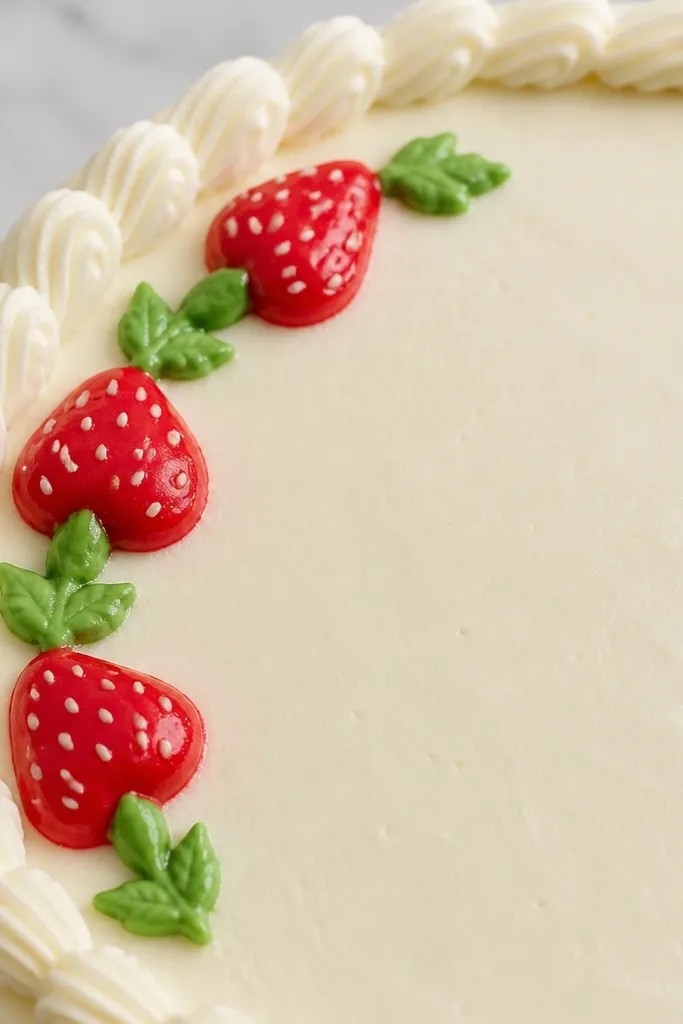 Small strawberries and leaves arranged along a corner border.