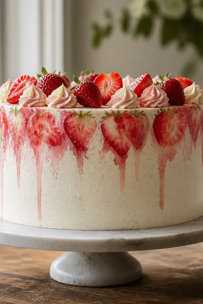 Strawberries painted with soft watercolor reds and a gentle drip effect.