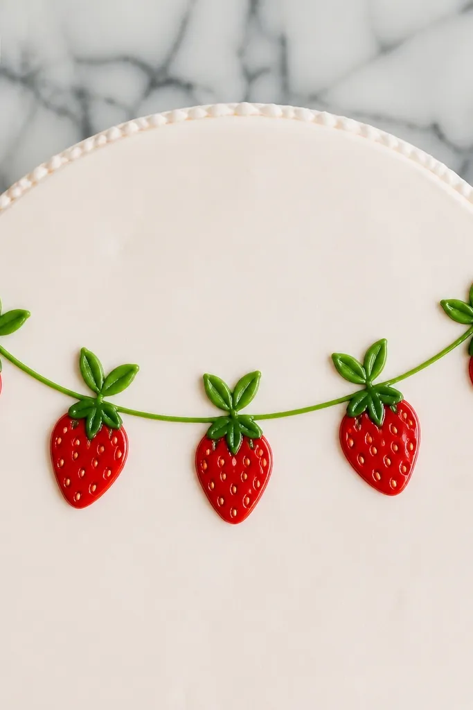 A garland of strawberries and leaves stretched across the cake top.