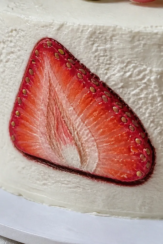 A strawberry slice drawing showing red layers and seed dots in a cross-section.
