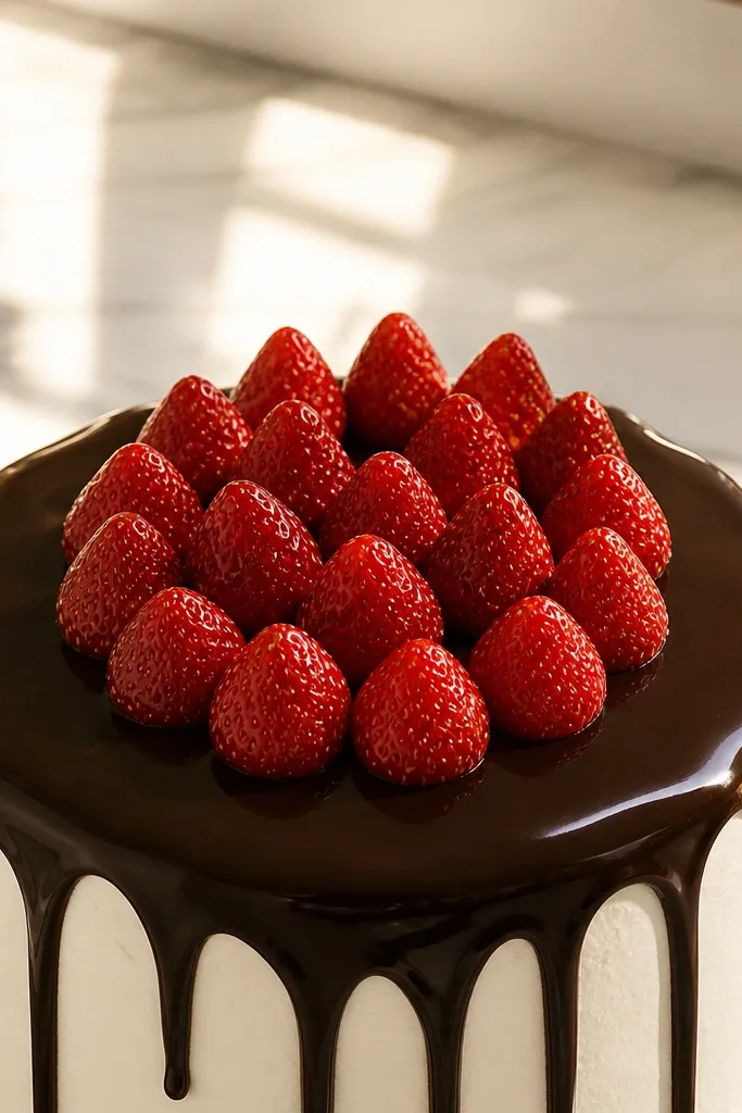 Strawberries arranged like a crown with chocolate drip accents.