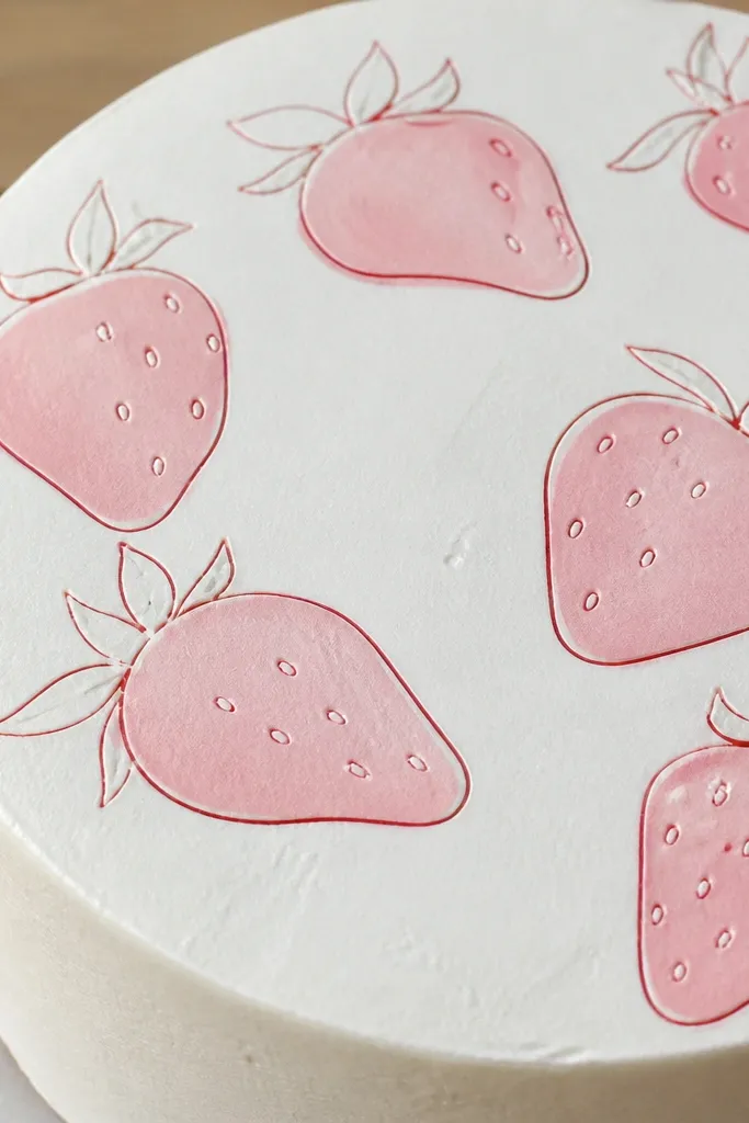 Thin line-art strawberries with pink fill and small green leaf marks.