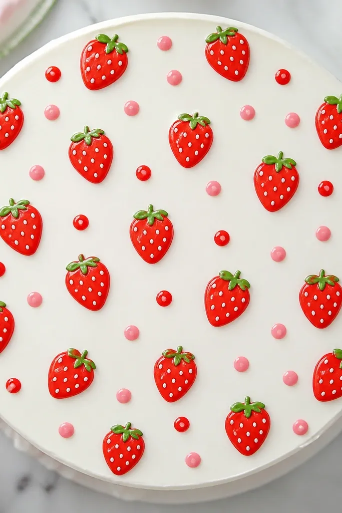 Strawberry icons sprinkled with pink and red dots across the cake top.