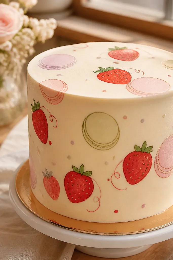 Strawberry drawings with macaron-like circles and small pink accents.