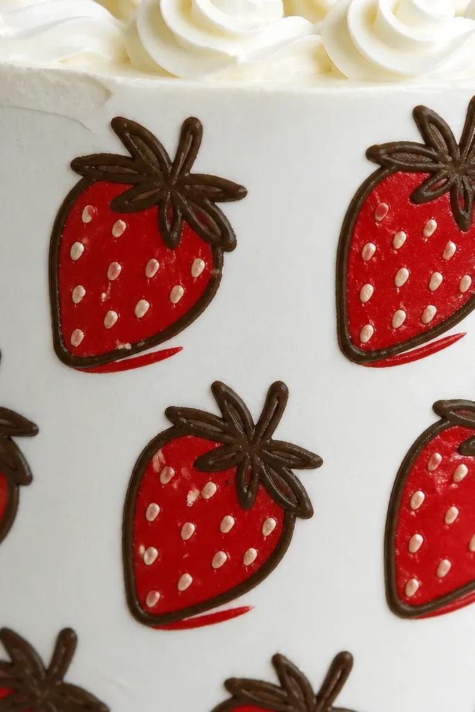 Strawberries outlined in chocolate brown with cream seed dots.