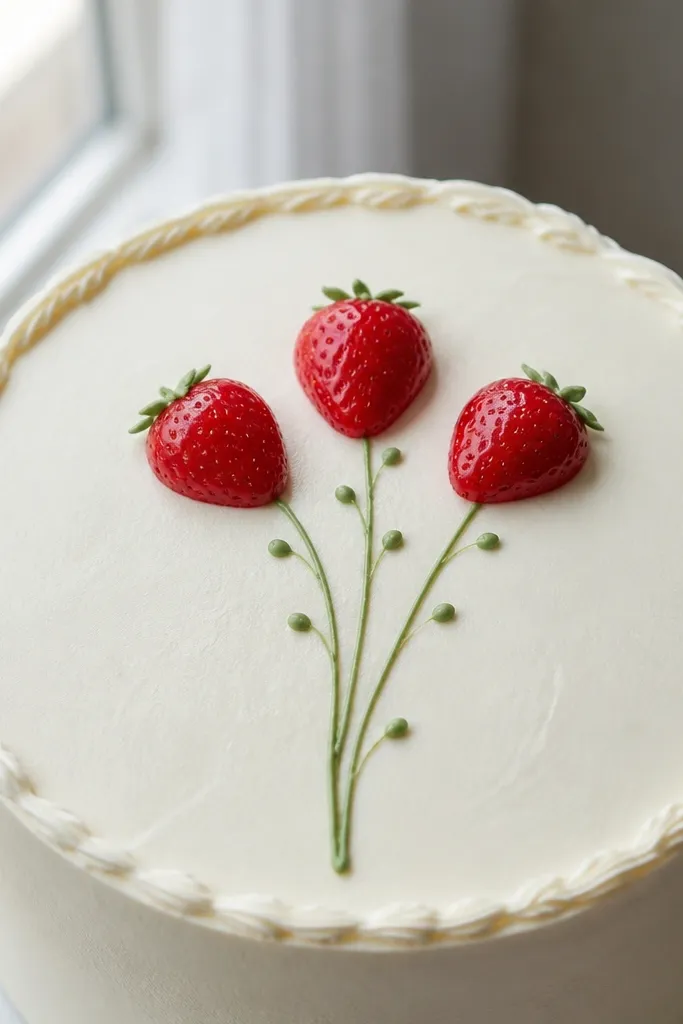 A bouquet of strawberries with thin stems and scattered dots around them.
