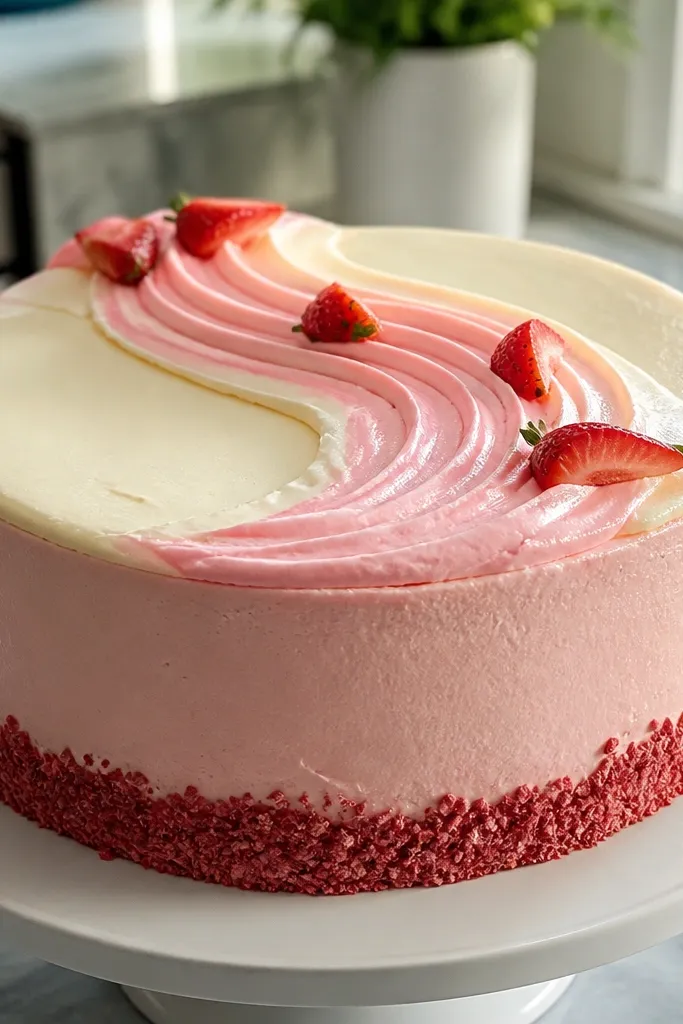 A ribbon swirl across the cake with small strawberries placed on top.