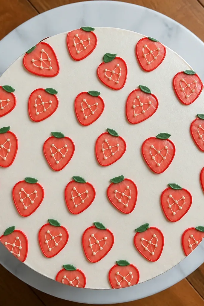 Small strawberry caps drawn as seed dots with minimal fruit outlines.