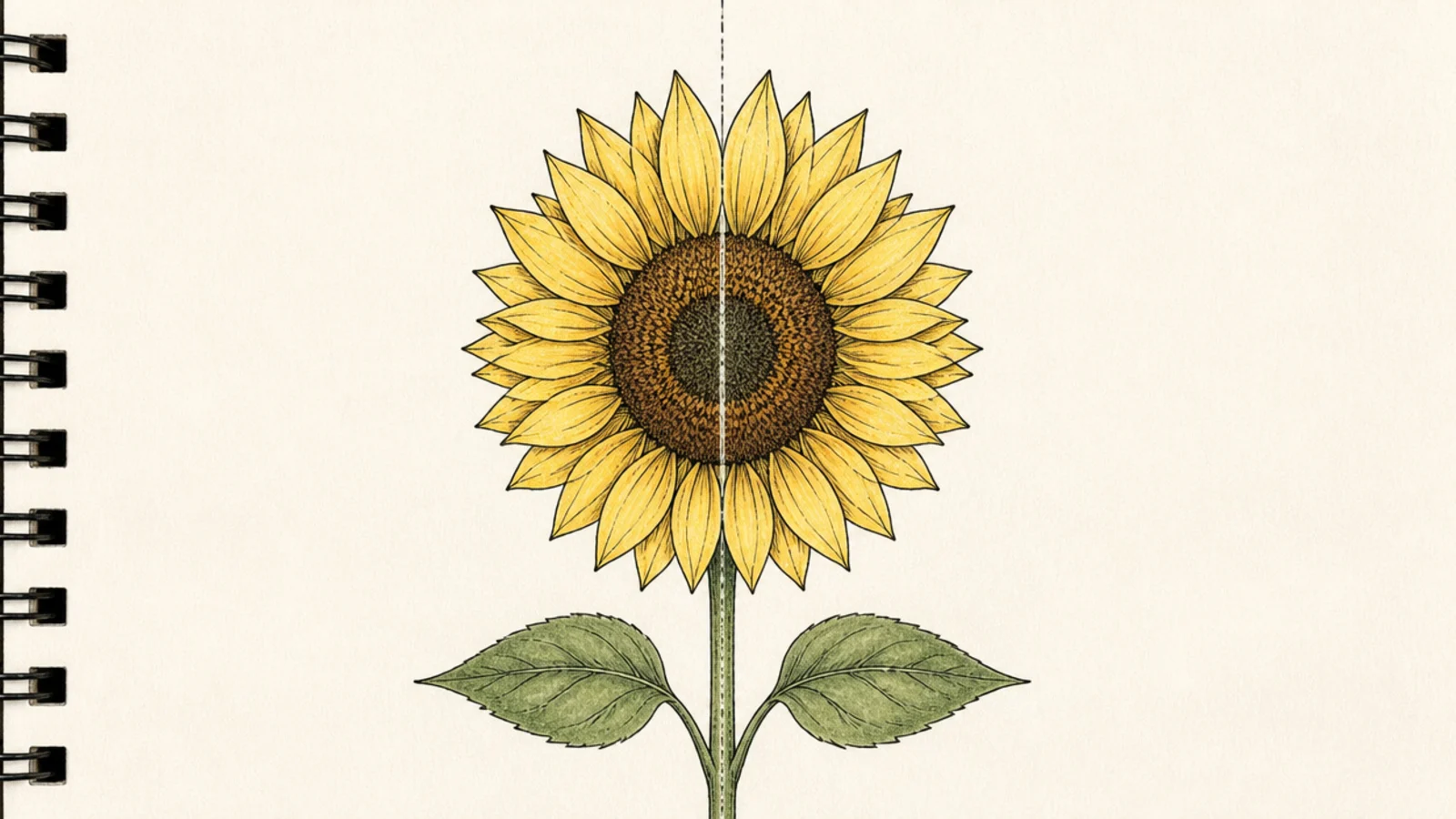 Two half sunflowers mirrored across a line into a full symmetrical bloom