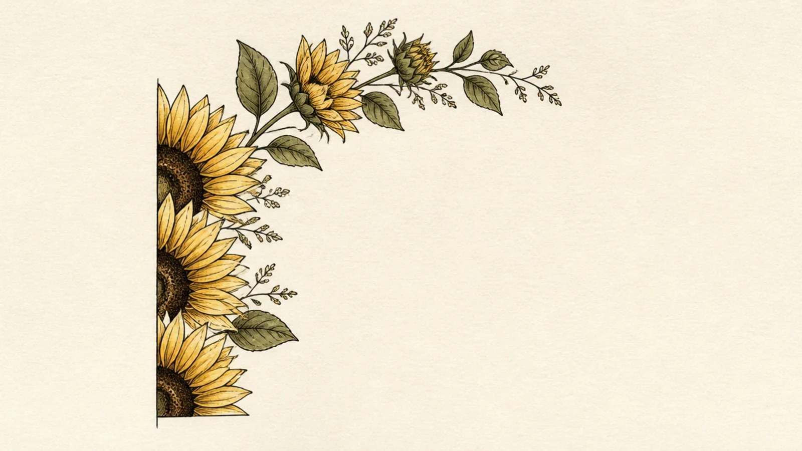 Half sunflowers arranged along a curved arch over a title