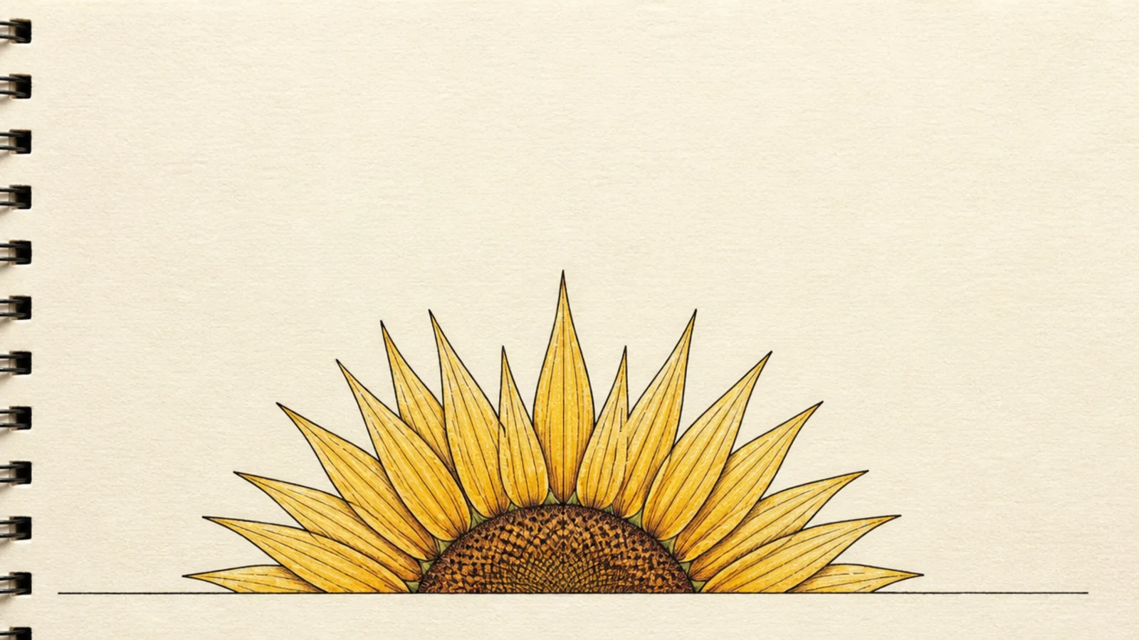 A half sunflower styled like a rising sun with long rays