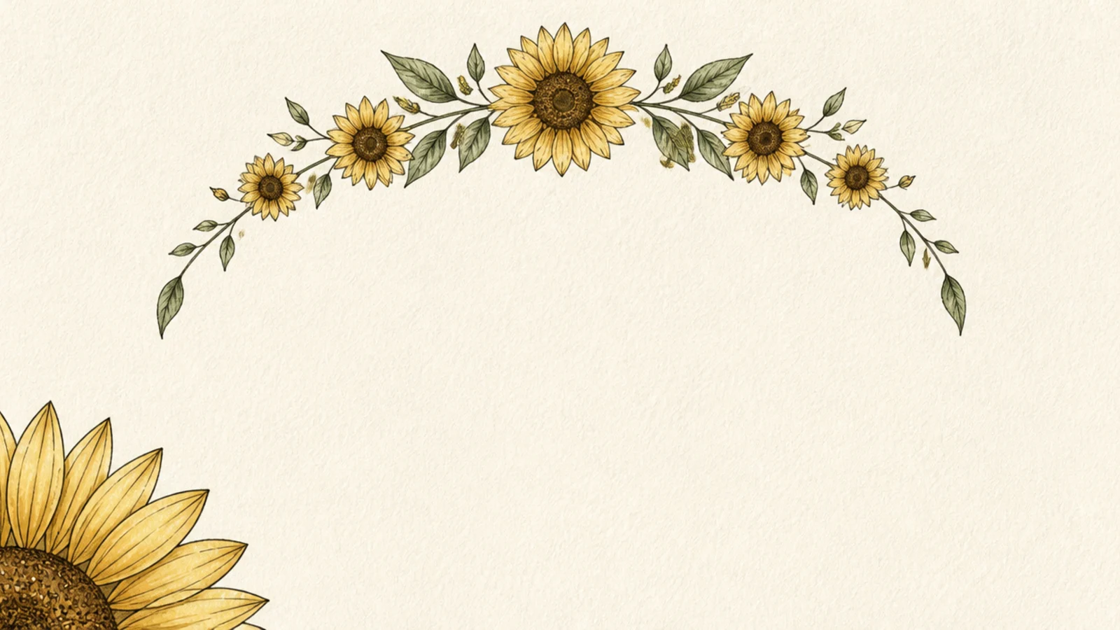 A half wreath of small sunflowers curving over the top of a page