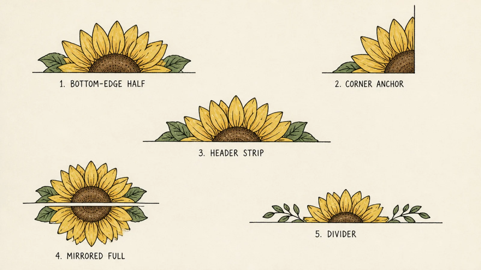 15 Half Sunflower Drawings for Borders and Corners