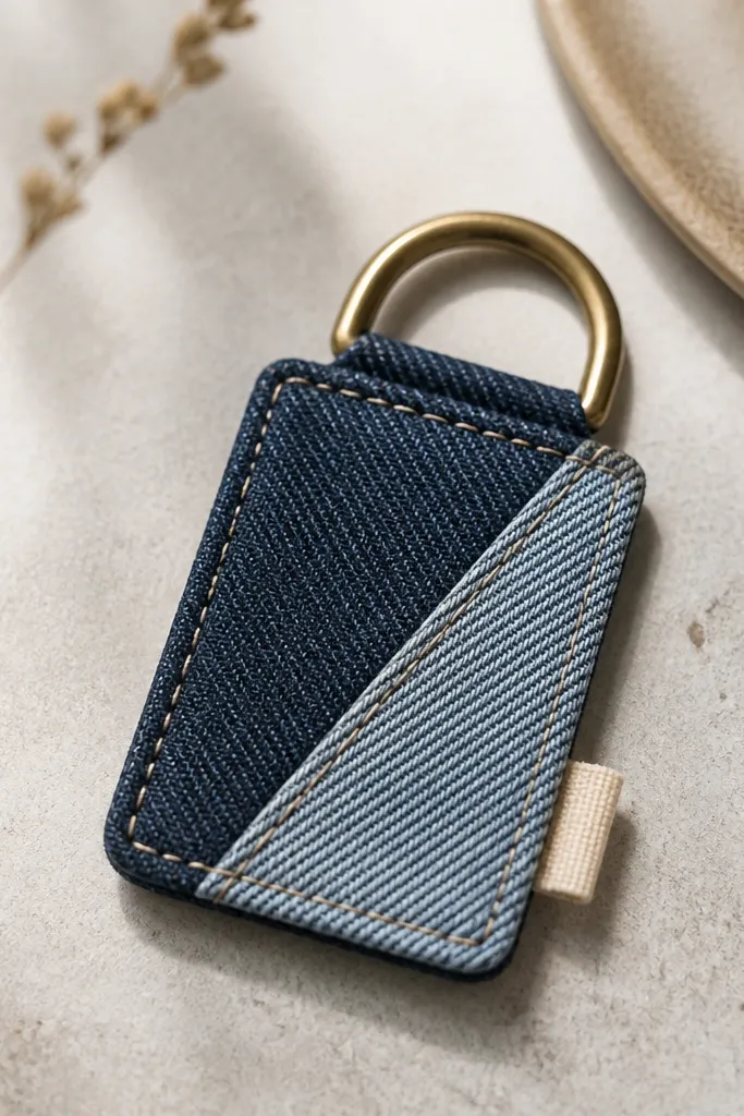 A small key fob made from two stitched denim scraps, with a darker indigo patch on one side and a lighter chambray panel on the other. A tiny rectangular fabric tag peeks out from the back, and a brass D-ring sits on the top edge. The edges are trimmed straight and lightly burnished.