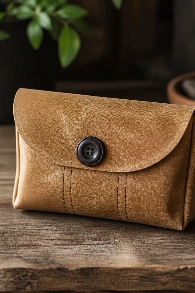 A small rectangular catchall made from waxed tan canvas, with a rounded top flap. A single large dark brown button sits centered on the front flap, and two matching stitched lines run vertically like reinforcement seams. The canvas has a slightly glossy wax sheen and clean folded corners.