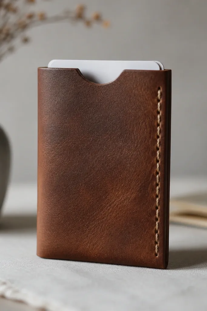 A slim brown leather card sleeve with a single stitched seam down the side. The leather has a slight grain variation and a hand-burnished edge. A small notch cut on the top opening makes it easy to slide cards out.