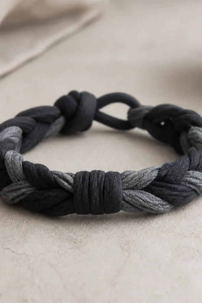 A chunky braided bracelet made from strips cut from a faded black and gray T-shirt. The braid has a soft matte look, with tight knots at the center and a small fabric loop clasp at the end.