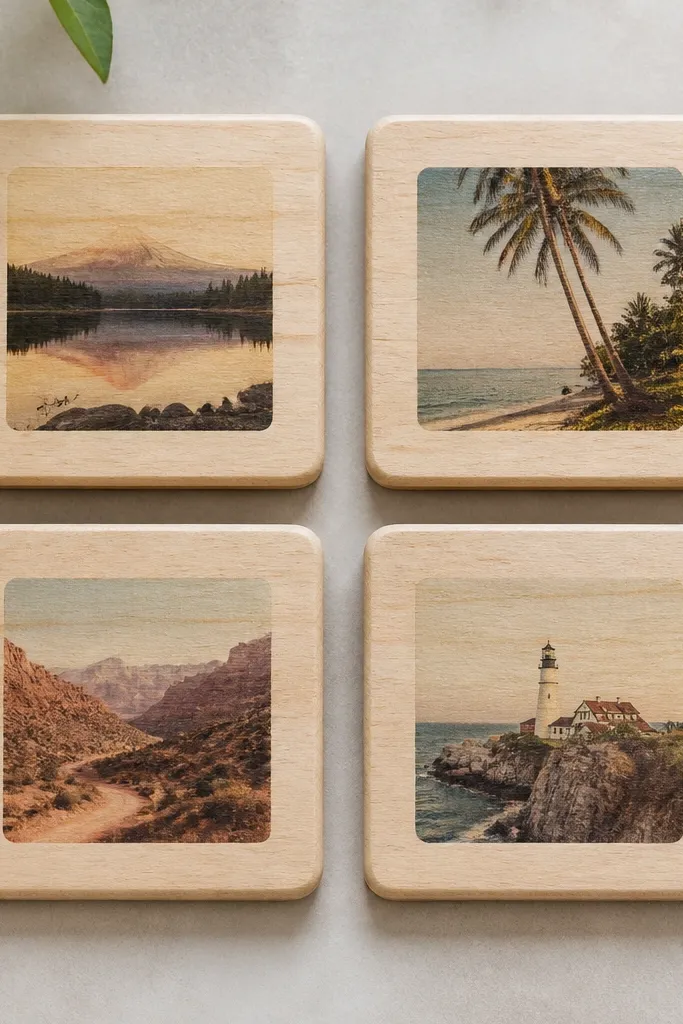 Four light wood coasters arranged in a square. Each coaster has a faded photo transfer in the center with crisp edges, sealed with a soft satin top coat that reflects light lightly. The background grain is still visible around the image.
