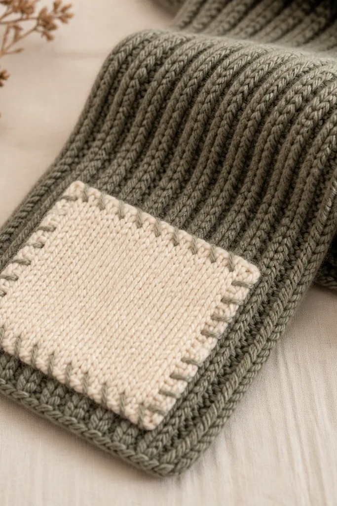 A patch sewn onto the end of a knitted scarf. The patch is a contrasting knit square with a neat hand-stitched border in thick yarn. The stitches look even and the edges are trimmed cleanly.