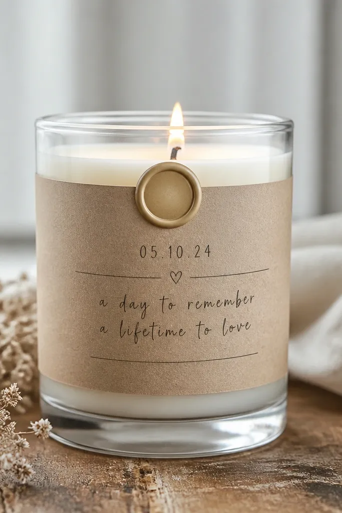 A clear glass candle jar with a new label wrapped around it. The label is kraft paper with hand-lettering in black ink and a small wax seal dot near the top. The date and a short message sit centered, with neat ink lines.