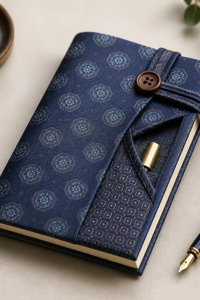 A journal cover made from a patterned necktie. The tie fabric forms the front, and a small inner pocket is visible where the tie's narrow end was used. The closure has a neat button and loop strap at the top.