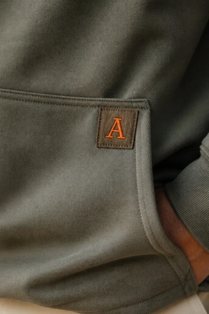 A hoodie pocket with a small embroidered initial on a patch placed on the upper corner of the pocket. The embroidery is in bright contrasting thread, and the patch edges are stitched down with a neat border.