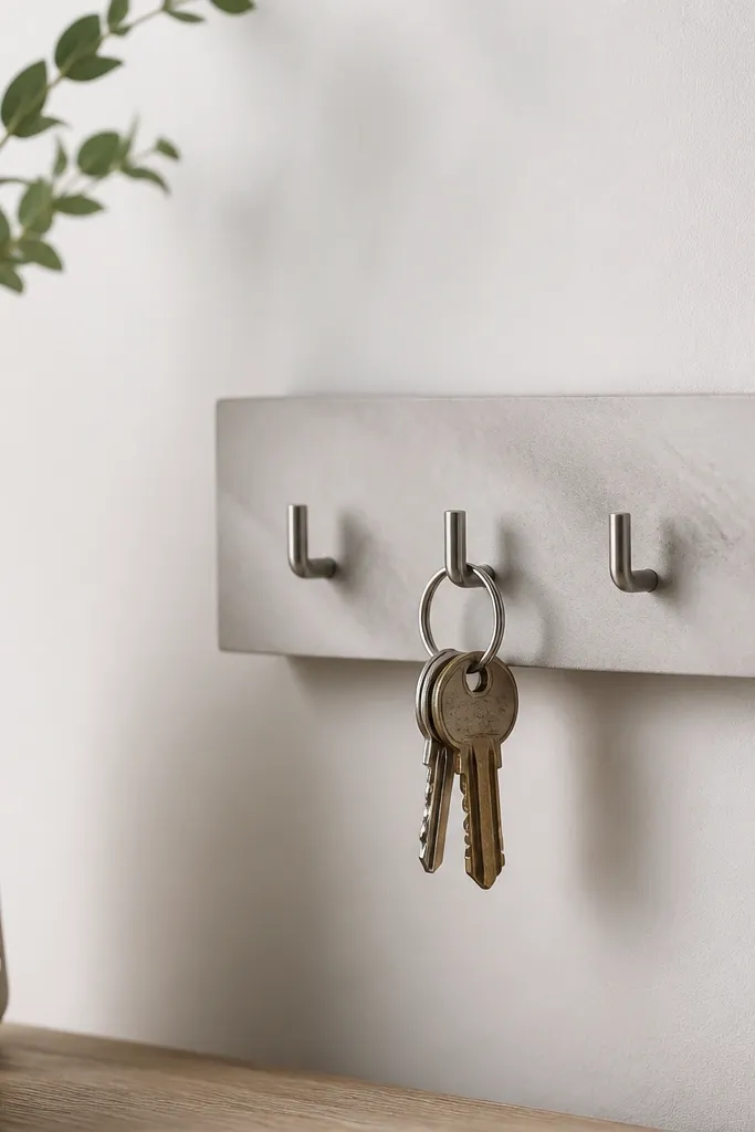A small concrete wall key holder with three metal hooks. The surface is smooth with a subtle marbled look created by a light color wash. The hooks are centered and the edges are sharp and clean.