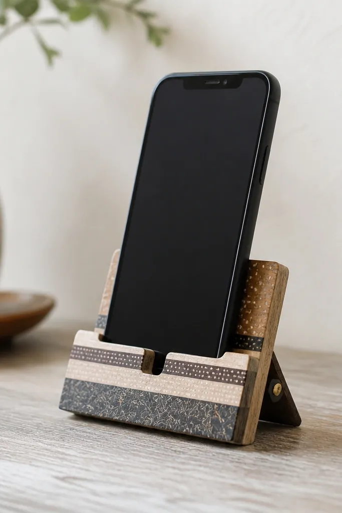 A small phone stand made from a trimmed wooden picture frame piece. The front has layered washi tape stripes in muted beige and black, and the back has a simple hinge-like support. A phone rests in a cut-out slot.