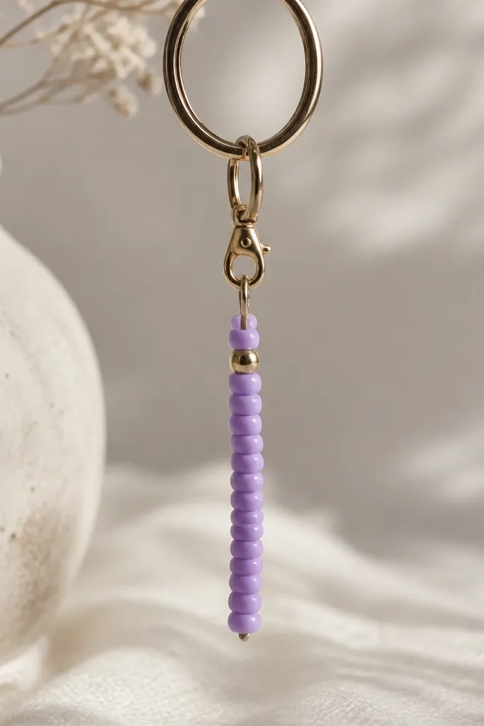 A keyring charm with small seed beads strung into a simple pattern. The beads are in a single favorite color with one contrasting accent bead near the top. The charm hangs straight, with a small metal clasp and a smooth finish.