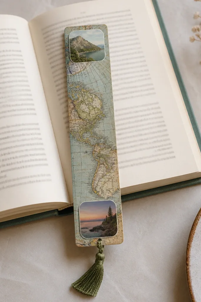 A slim paper bookmark with a map print background. In the corners are small laminated photo squares with rounded edges. The bookmark has a clean straight border and a small tassel at the bottom.