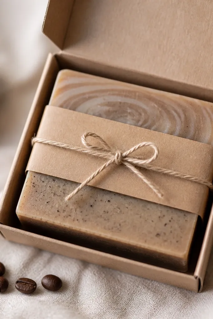 A small rectangular soap bar set in a simple cardboard box. The soap has visible coffee speckles and a smooth top with a light brown swirl. The label is small kraft paper with neat handwriting.