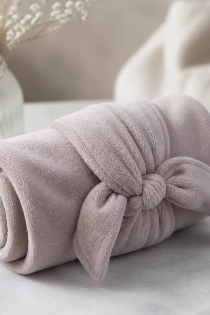 A rolled heatless hair towel wrap made from soft flannel. A wide fabric band wraps around the roller, and the ends tie into a neat knot. The fabric looks soft and slightly brushed.