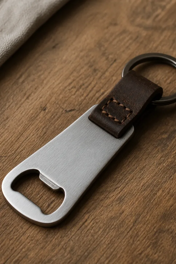 A small bottle opener made from a flat piece of metal with hand-stamped letters on one end. A dark leather loop is stitched to the top so it can hang from a keyring. The metal has a brushed finish and clean edges.