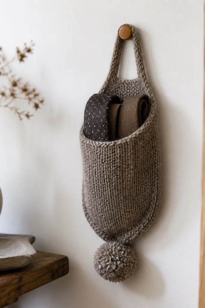 A small wall-mounted holder made from an upcycled sweater. It has a pom-pom detail on the bottom and a pocket area above for wrapping ties or small items. The fabric is knitted and slightly fuzzy, with stitched seams and a hanging loop.