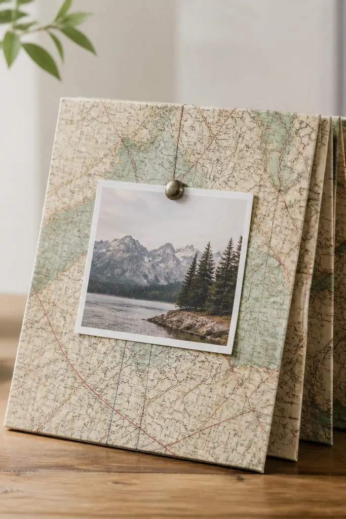 A desk calendar made from a folded map sheet. It stands upright with layered folds, and a small photo pin is attached on the front with a metal pushpin. The map colors are muted and the folds are crisp.