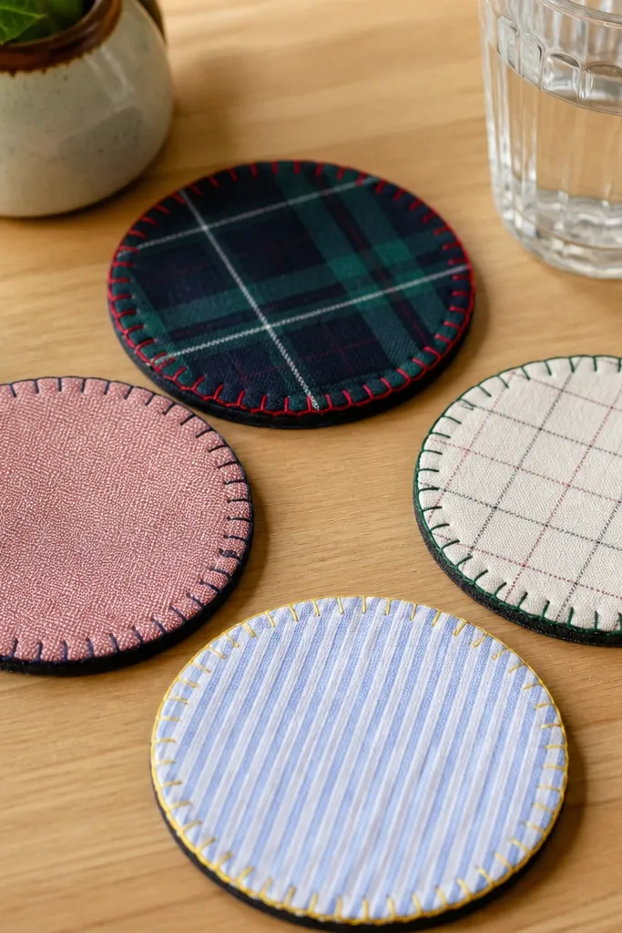 A set of four round fabric coasters. The top layers are from different old shirts in coordinated colors, and the edges are stitched with contrasting thread. The bottom is a rubbery non-slip backing, visible at the edge.