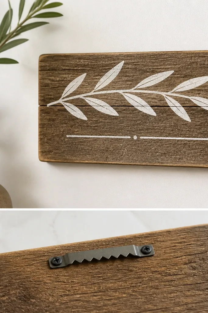 A small wooden wall sign made from reclaimed wood planks. The text is hand-painted in matte white, and there's a subtle painted line under it. A sawtooth hanger is screwed into the back, and the front has lightly sanded edges.