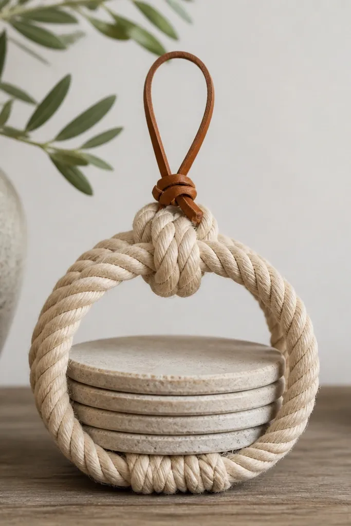 A small coaster rack made from thick rope knotted into a circular holder. It has a leather tie loop at the top and a neat knot pattern that looks symmetrical. Coasters are stacked inside or in front of the rope loop.