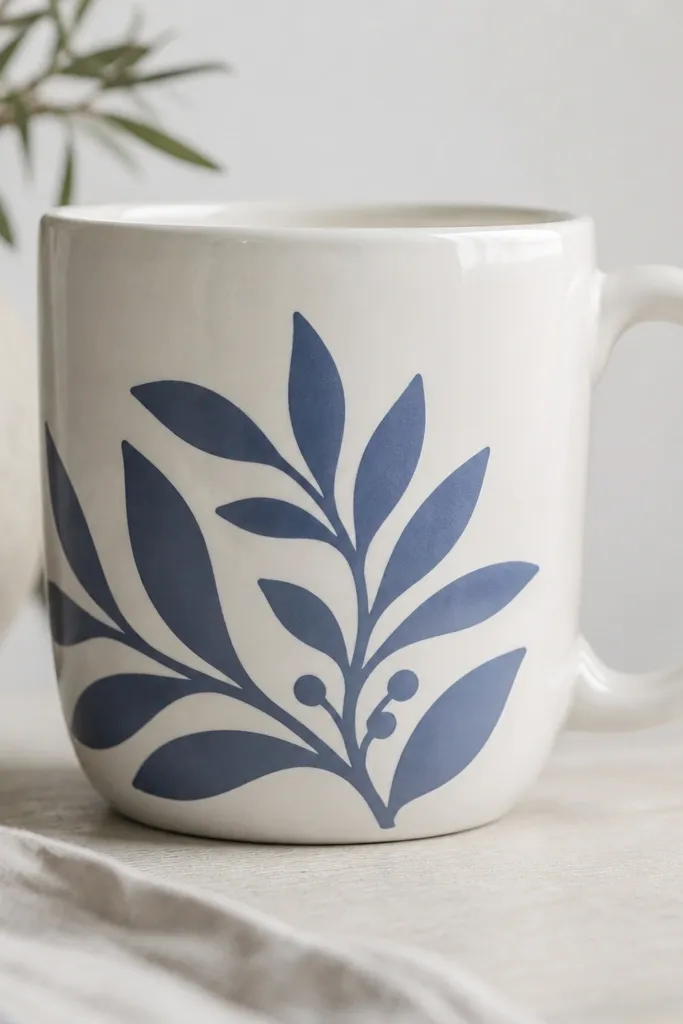 A ceramic mug with a hand-painted design in one color. The design looks crisp because it's made with a vinyl stencil. The mug has a matte finish in the painted area and glossy glaze on the rest.