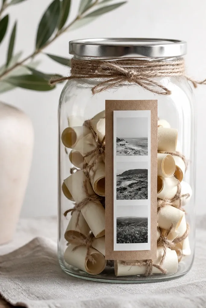 A glass jar filled with rolled paper slips tied with twine. The jar has a label made from a narrow photo strip and a kraft backing, with a clean handwritten title. The slips look uniform and the jar lid has a simple twine wrap.