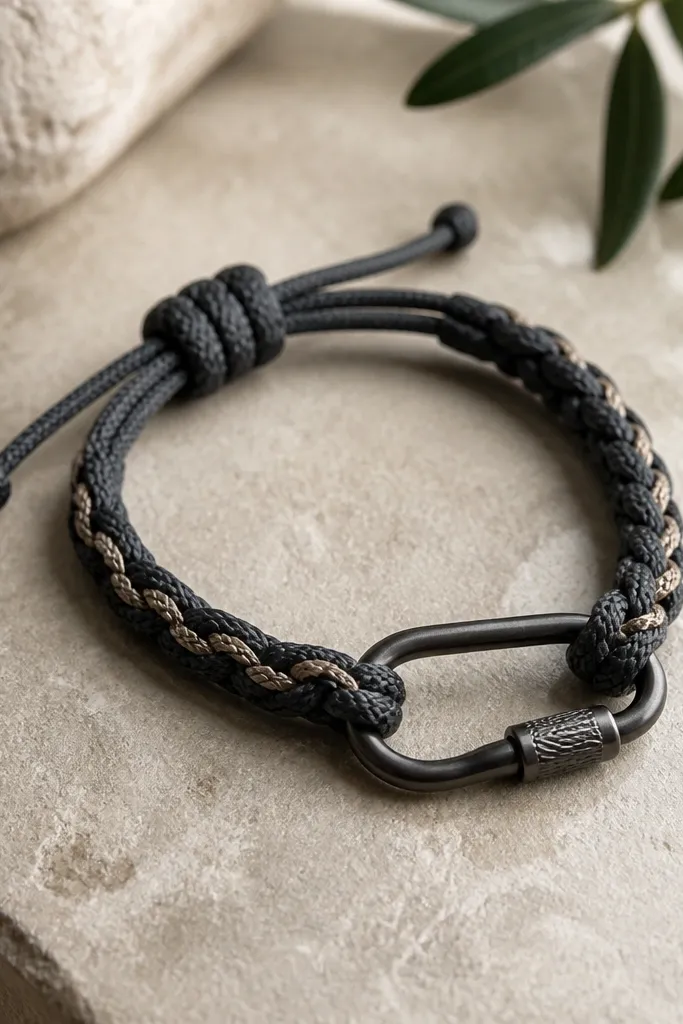 A keychain made like a bracelet with braided cord and a sliding knot. The cord is dark gray with a single lighter thread accent, and the clasp is a metal carabiner style ring.
