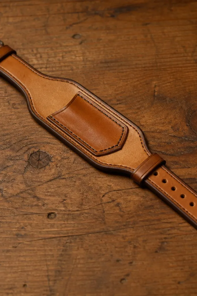 A tan leather wrap cut to fit a wristwatch band, with a hand-burned edge border and a small hidden pocket stitched on the inside. The leather has a light oil sheen, the edges are darkened with a wood-burner line, and a brass snap sits near the clasp end. A thin strip of black waxed thread shows along the seam, and the wrap is laid flat on a wooden workbench.