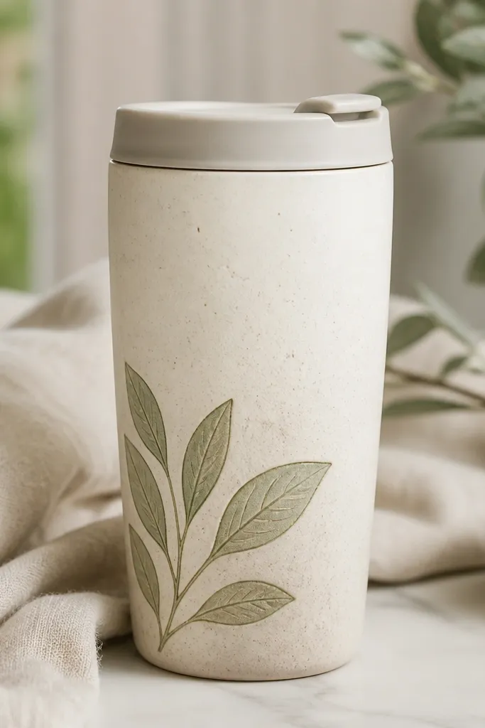 A cream, speckled ceramic travel mug with a small cluster of sage-green leaves on the outer side, matte finish leaves with darker green vein lines, and a clean blank space near the lid ring.