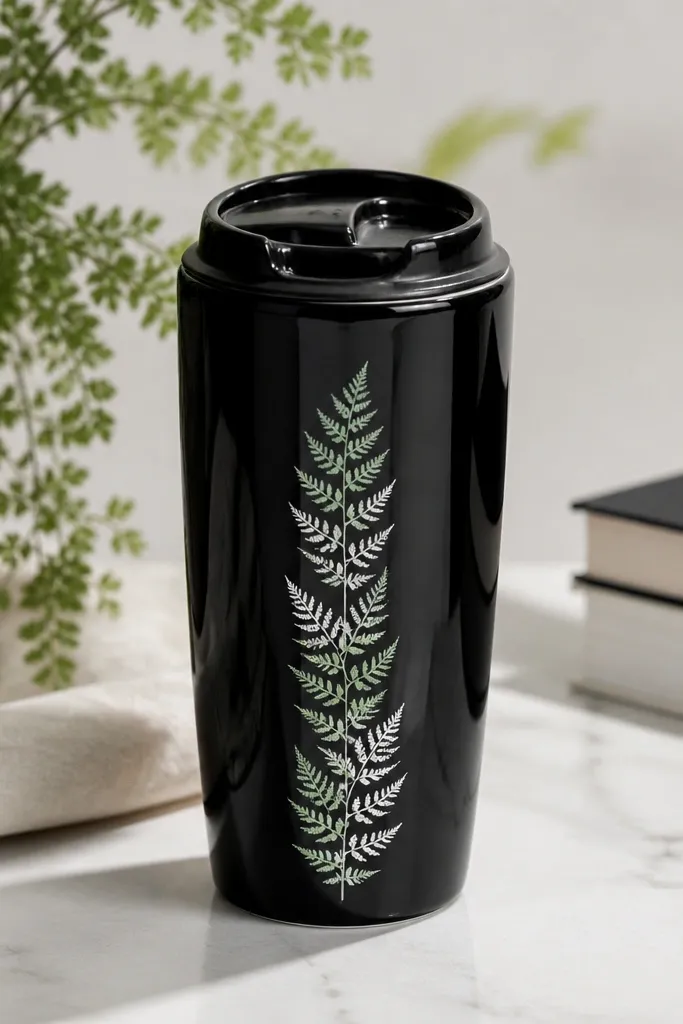 A glossy black ceramic travel mug with a narrow vertical stripe of tiny fern fronds in pale mint and white ink, crisp lines, and a blank glossy area around the lid opening.
