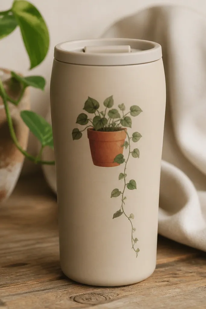 A matte oat-colored ceramic travel mug with a small terracotta pot painted on the side and one trailing plant stem curling downward, warm terracotta pot with a muted green vine.