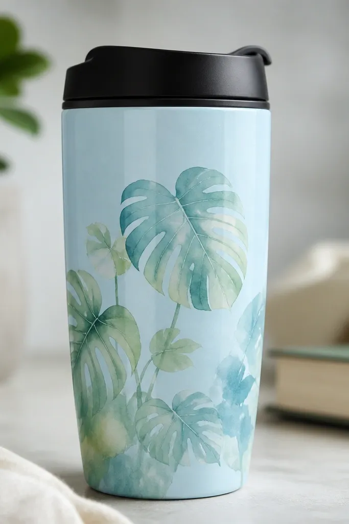 A light blue glazed ceramic travel mug with a soft watercolor-style monstera leaf cluster, pale green and diluted teal washes, slightly feathered edges, and a clean border near the lid ring.