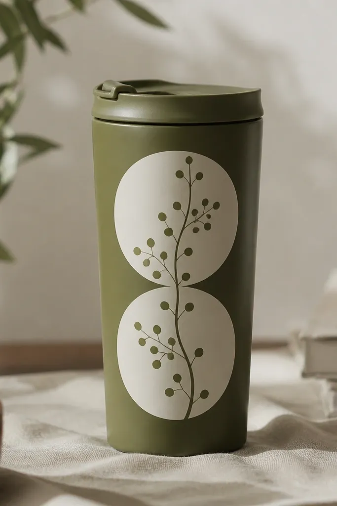 An olive green ceramic travel mug with two large off-white circles framing a vine design, the vine has small leaf dots and thin lines, crisp graphic style.