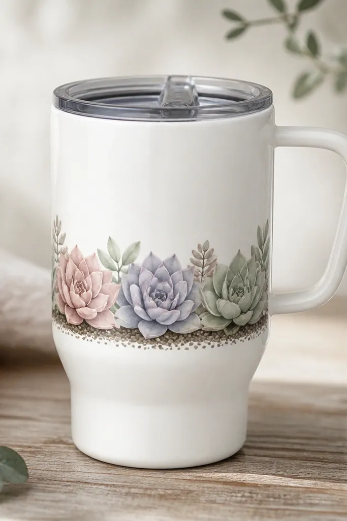 A white ceramic travel mug with a row of pastel succulents painted in blush pink, dusty lavender, and soft sage, arranged neatly across the side with small soil dots at the base.